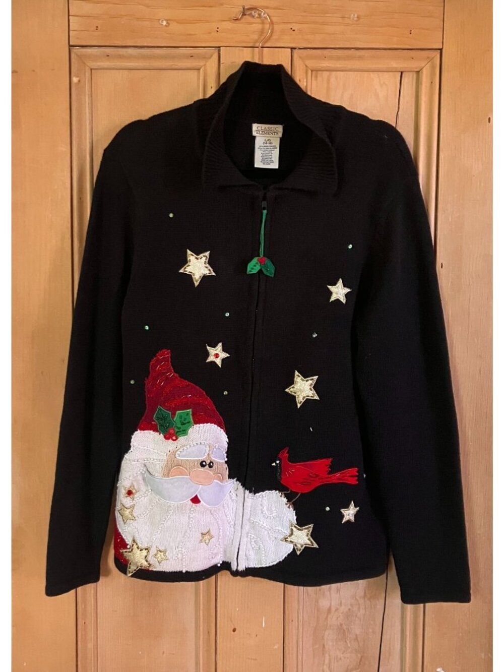 Classic Elements Womens Vintage 90's Christmas Santa Zip Sweater LG Black XM EXC